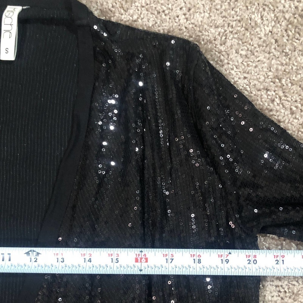 Kische Black Sequin Open Waterfall Cascade Front Cardigan Small - Picture 5 of 10